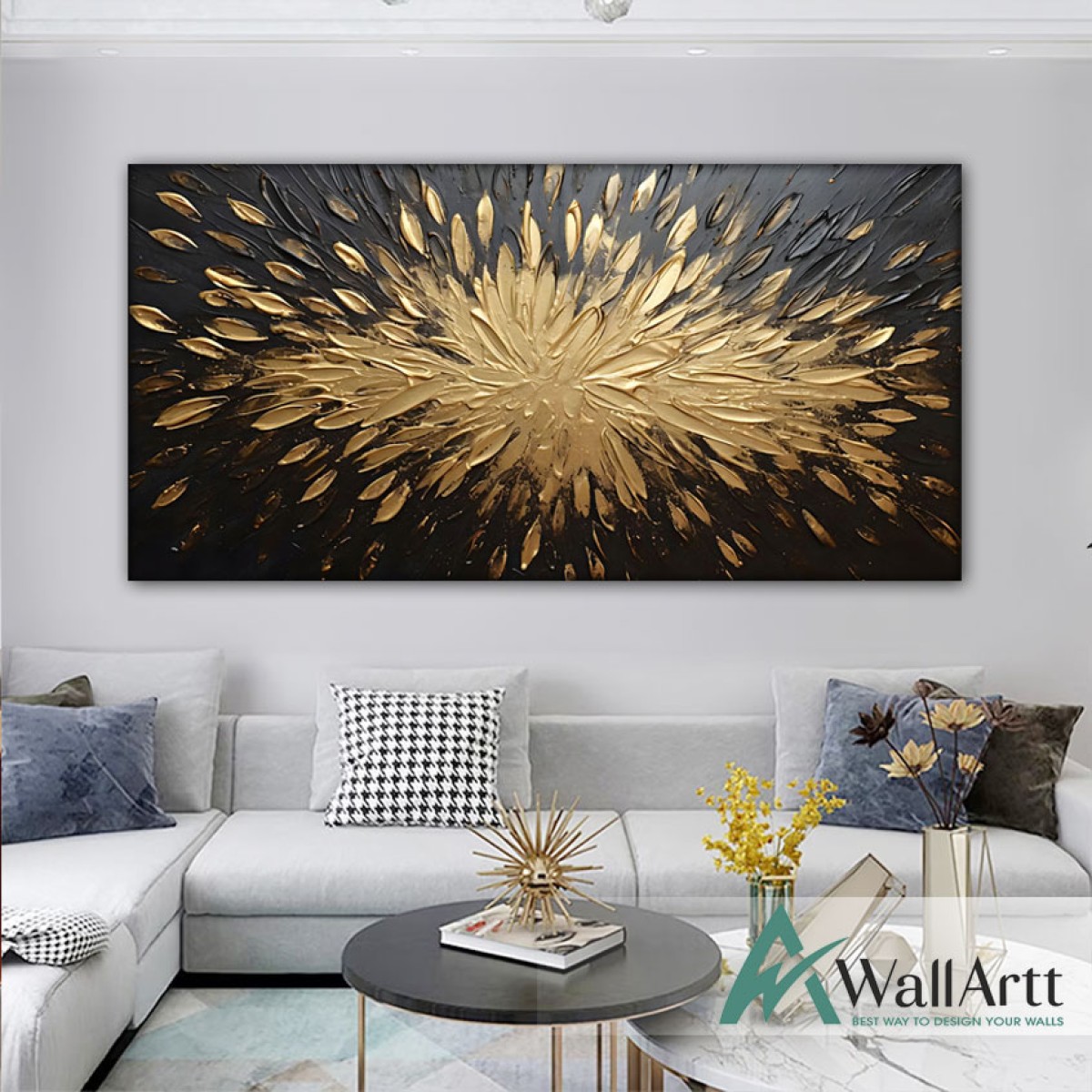 Abstract Gold Explosion 3d Heavy Textured Partial oil Painting